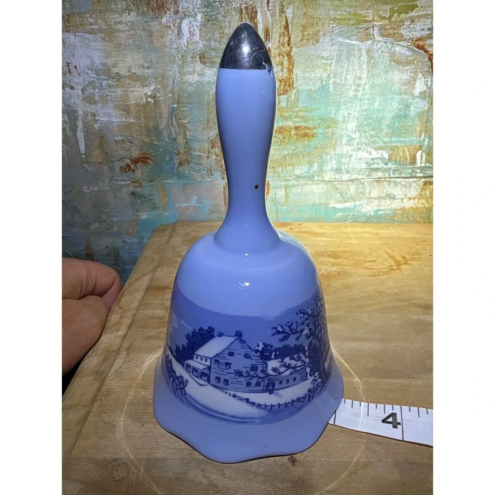 Vintage Blue Porcelain Winter Landscape Dinner Bell Silver Finial Scalloped Rim